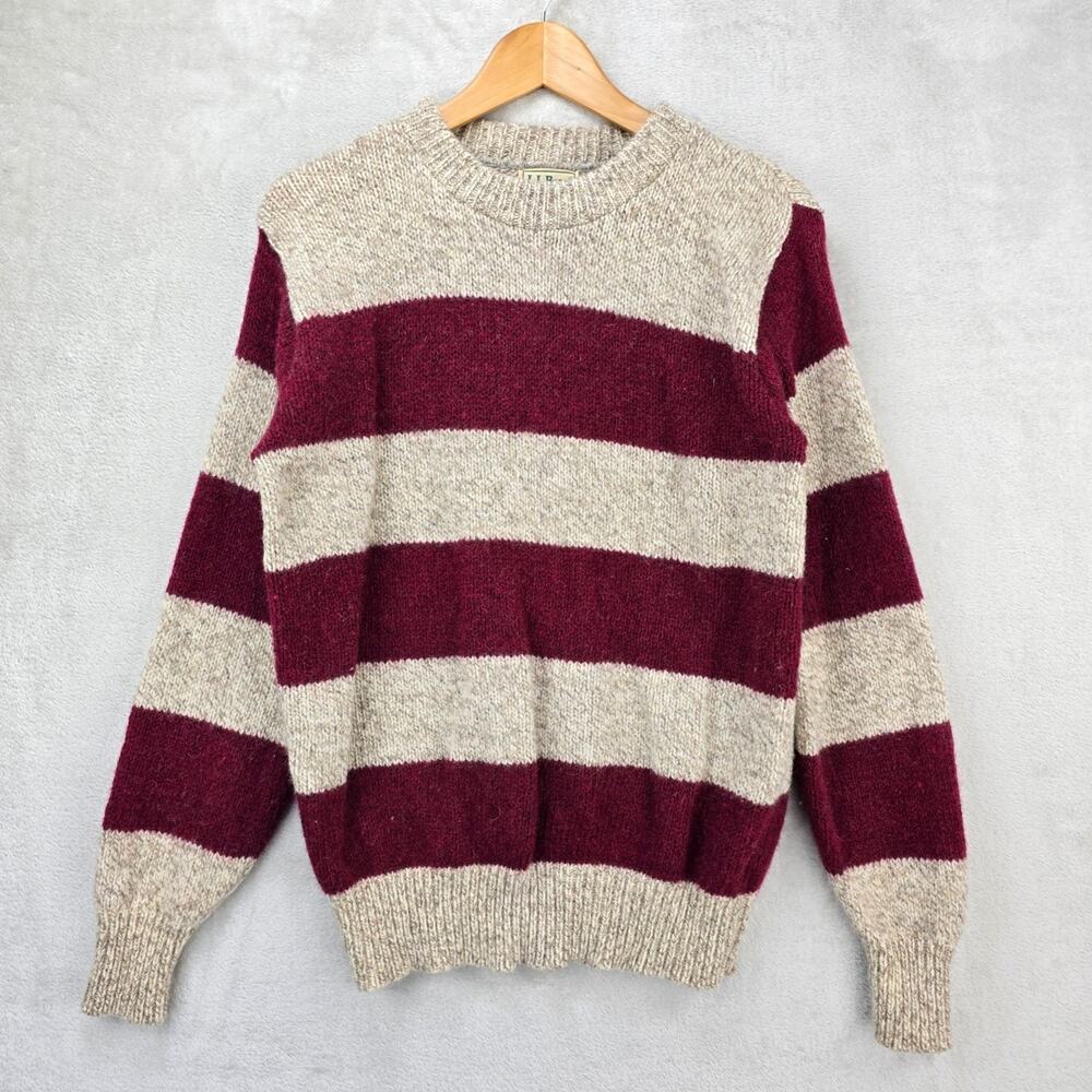 Vintage L.L. Bean Wool Knit Sweater Womens Medium Beige Burgundy 80s USA Stripe